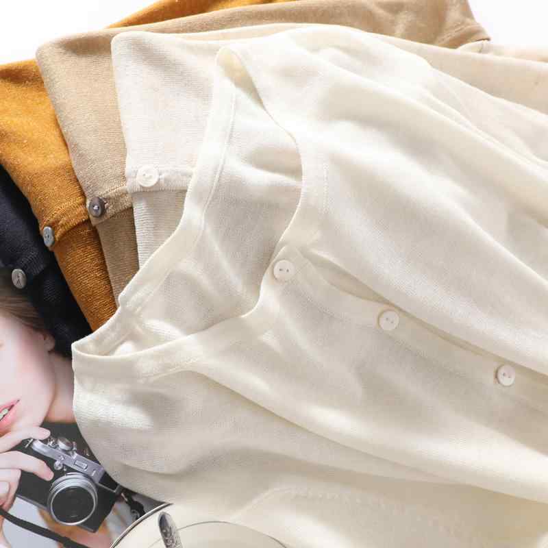 カーディガン 女性用 春夏 苺麻 接触冷感 薄手 ニット 防晒 丸首 長袖 ゆったり 上着 通勤 気質 単品 無地 シルク加工 ホワイト ネイビー キャラメル カーキ アイボリー Vネック グレー ブラック 抹茶グリーン テラコッタ