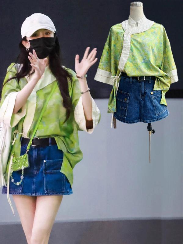 外套 - 中国風 トップス 女性用 緑 長袖 斜め襟 紐付き 外套 緩いシルエット 3D 立体柄 立襟 二重釦 芸術的 復古 気質 優雅 接触冷感 軽量 吸湿速乾 通勤 普段使い 春夏 カジュアル