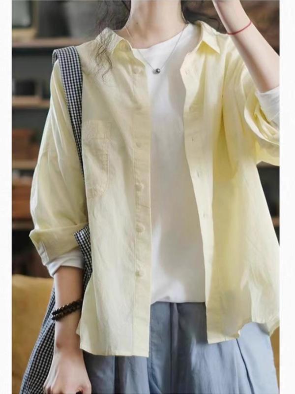 乐天商城 - 春夏 女性用 開衫 シャツ トップス 長袖 綿素材 接触冷感 軽量 吸湿速乾 ゆったり シルエット 翻領 単色 浅黄色 ライトイエロー 基本スタイル 日常使い 外出着 防晒 紫外線対策 インナー カーディガン 風合い 復古 風 春夏 女性用 開衫 シャツ