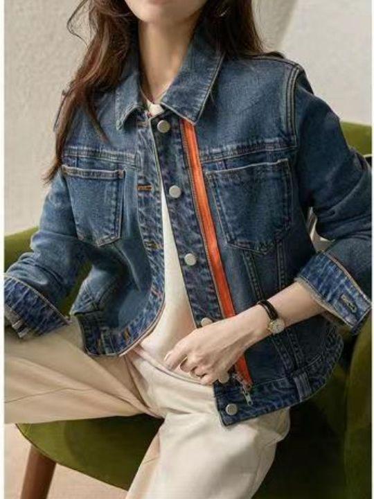 デニム ジャケット 女性用 春夏 秋冬 牛仔ブルー コットン 70% ポリエステル 長袖 POLO領 ラグラン袖 ルーズフィット ミドル丈 短め コ..