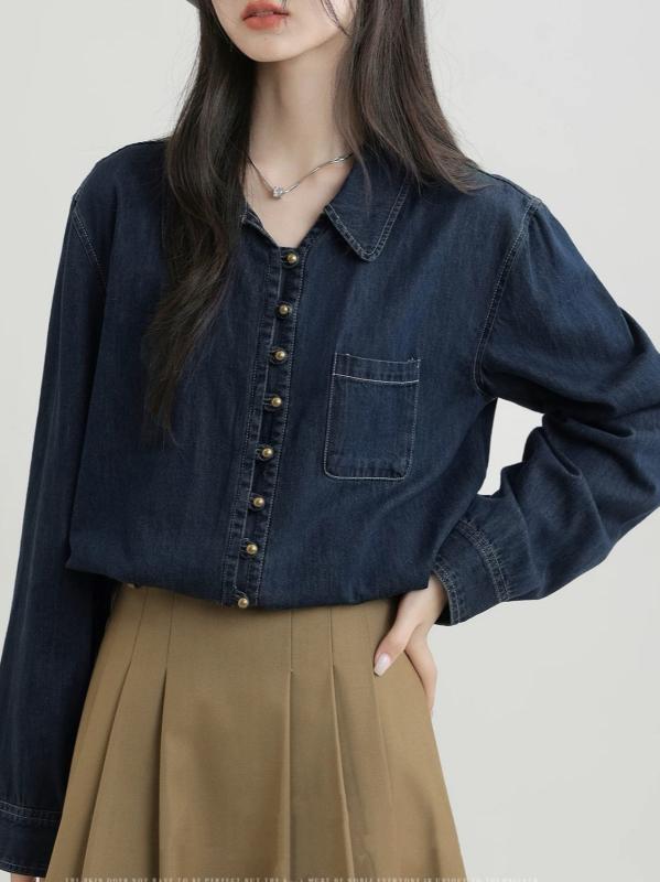Other - 長袖 シャツ 女性用 綿 デニム コットン ポリエステル 混紡 素材 ポリヨコットン 生地 切り替え デザイン 開襟 ポロカラー ワイド ルーズ フィット ゆったり シルエット 長袖 タイプ シングルブレスト ボタン プラケット ブルー コバルトブルー