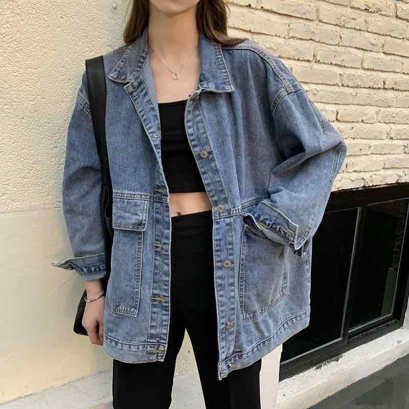 秋冬 女性用 牛仔ジャケット 韓国風 ルーズフィット 中長丈 長袖 POLOカラー シングルブレスト 都市スタイル 通勤 気質 デニム素材 ブ..