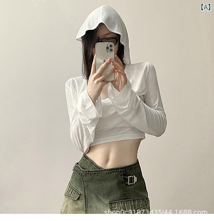 Tシャツ 女性用 長袖 防晒 夏 通勤 接触冷感 ポリエステル 白 黒 カーキ 修身 セットインスリーブ フード プリーツ デザイン 薄手 透け感 気質 個性 ストリート トップス ブラウス シャツ ライト 吸湿速乾 通勤用 普段使い 軽量 伸縮性 Vネ