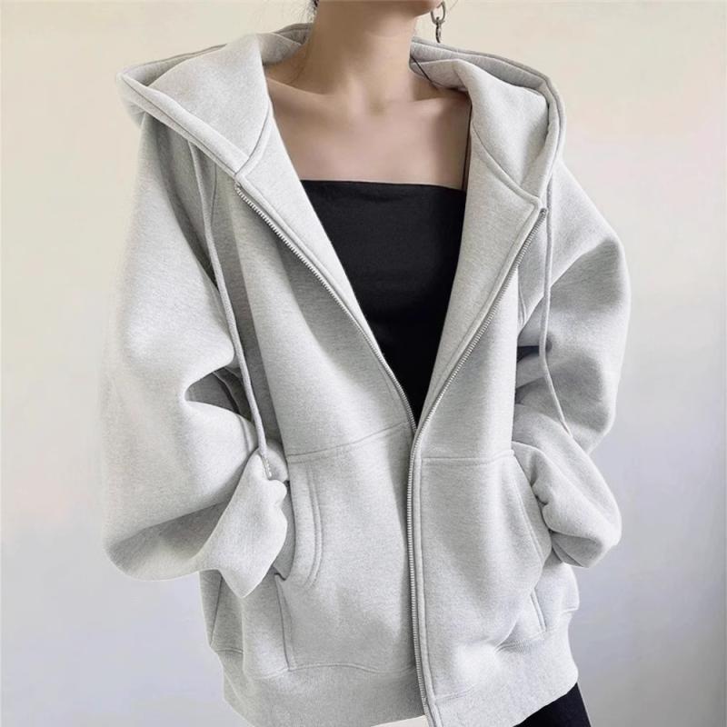 パーカー 女性用 秋冬 綿100% 厚手 フリース裏地 ジップアップ ルーズフィット 長袖 フード付き 中長丈 単色 切り替えデザイン 韓国風 カジュアル トップス 普段使い 暖か 伸縮性 通勤 外出 グレー系 ベージュ系 ネイビー ブラック ブラウン