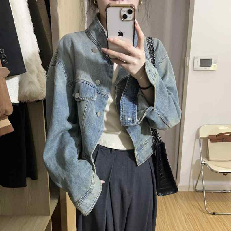 Rakuten - デニムジャケット レディース 春夏 ショート丈 綿素材 ブルー 長袖 ポロカラー ゆったりシルエット スタンドカラー 日常使い カジュアル 軽量 通勤対応 伸縮性 接触冷感 ビッグシルエット シンプルデザイン 韓国風 日常コーデ