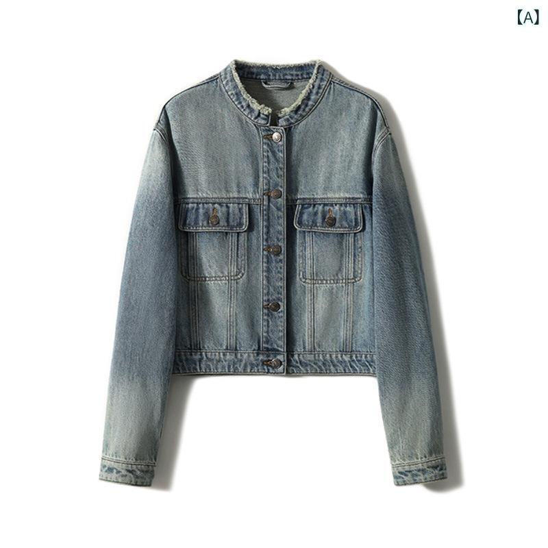 フォークBRのレディース 牛仔ジャケット 秋冬 コットン素材 ワイドシルエット ラフスタイル ライトカラー ビンテージ加工 ショート丈 長袖 ラウンドネック フリンジ 切り替えデザイン 通勤用 気質 吸湿速乾 中厚 スタンダードフィット｜アングル2