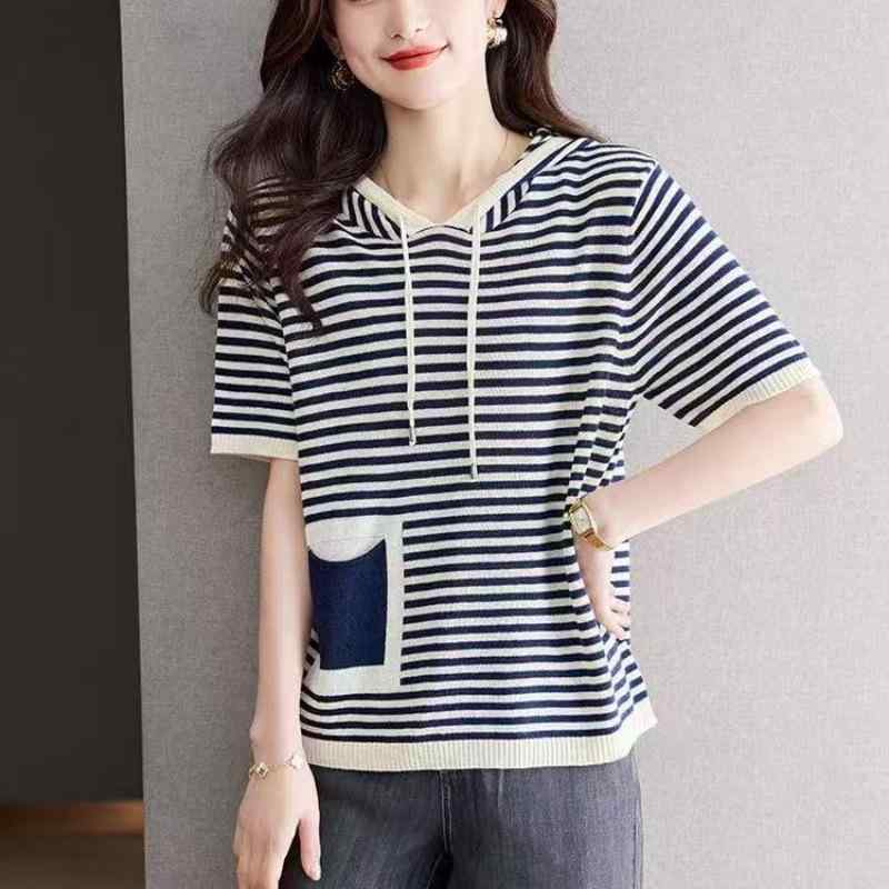 Tシャツ 女性用 接触冷感 短袖 連帽 ニット トップス 条紋柄 ワイドシルエット 薄手 涼しい ポリエステル アクリル混 紡績素材 夏用 普..