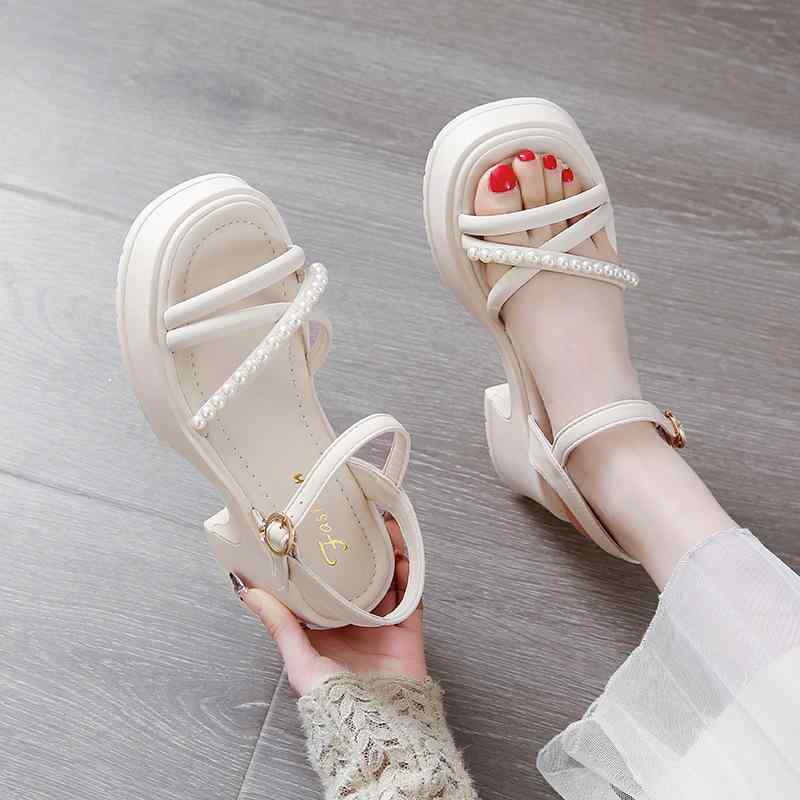Women'S Shoes - サンダル レディース 夏 厚底 ローマン ストラップ ハイヒール 露趾 ワンストラップ バックル 丸トゥ 日常 休闲 スタイル PU 素材 ラバー ソール 中厚 粗ヒール 6-8cm ブラック 米白 接触冷感 軽量 伸縮性 スカート コーデ 仙女 風 高