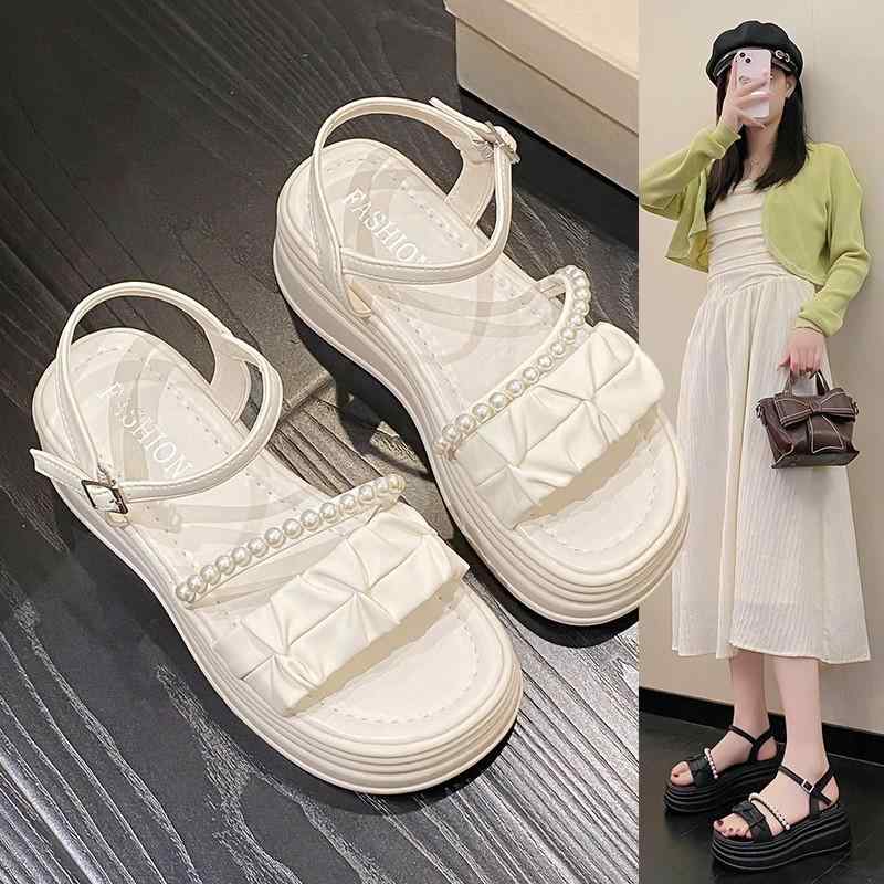 樂天商城 - サンダル 女性用 厚底 ローマ風 珍珠 デザイン ミックス ファッション 百搭 ローヒール シューズ メンズ レディース 夏 春夏 シーズン 限定 米白色 ブラック カラー 選択 可能 丸み ラウンドトゥ 形状 軽量 PU レザー 素材 快適 フィット