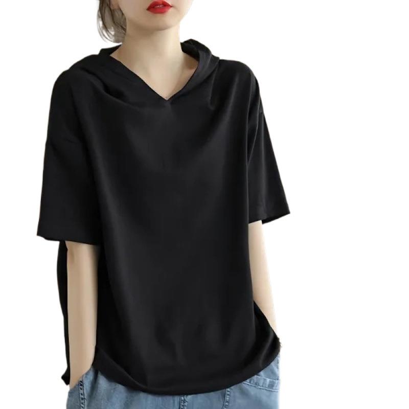 Tシャツ 女性用 春夏 連帽 短袖 綿 接触冷感 切り替え ゆったりシルエット 通勤 普段使い ブラック イエロー ピンク ブルー ホワイト ブラウン 純色 トップス 上衣 インナー アウター