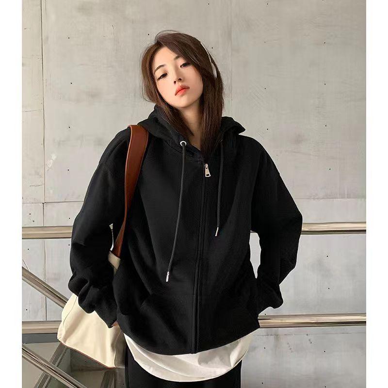 レディース フーディ 開衫 長袖 カーディガン 春夏 薄手 トップス コート ジャケット 学生服 ゆったり ルーズフィット コットン 混紡 ブラック グレー ダークグレー ライトブラウン ベージュ 通勤 気質 カジュアル スタイル ジッパー フード 付き