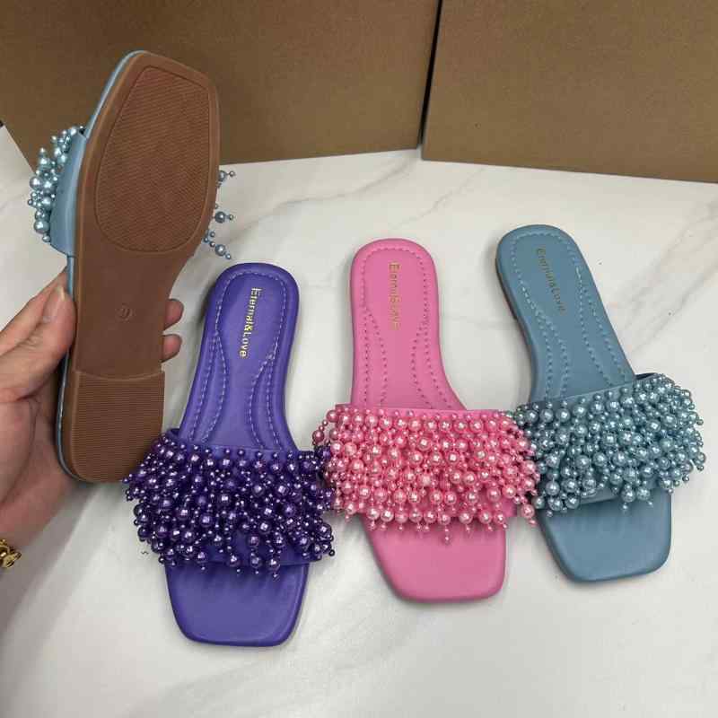 女性用 フラットサンダル 珍珠装飾 一枚革面 快適 履き心地 良い 女性シューズ 紫色 ブルー ピンク系 超繊細革 皮革切り替え 純色 皮内張り ゴム底 粘着製法 防滑 耐磨 日常使い 室内外 秋季 軽量 平底 セットオン 低厚底