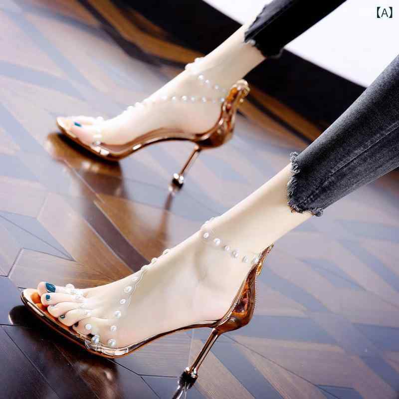 女性用 ヒール サンダル 香槟色 シルバー 麻素材 珍珠装飾 細ヒール オープン toe 仙女風 気質 宴会用 夏 秋 快適 軽量 伸縮性 欧米風 ストリートスタイル クロスボーダー