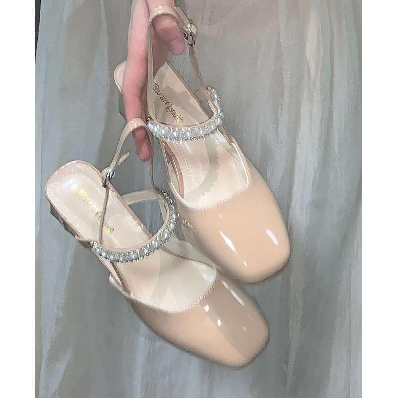 Other - サンダル 女性用 春夏 厚底 方先 メアリージェーン 単靴 粗ヒール 後空 ラインストーン 装飾 超高ヒール PU素材 発泡ゴム底 韓風 純色 中帮 セットオン 杏色 米白色 接触冷感 軽量 伸縮性 通勤 普段使い