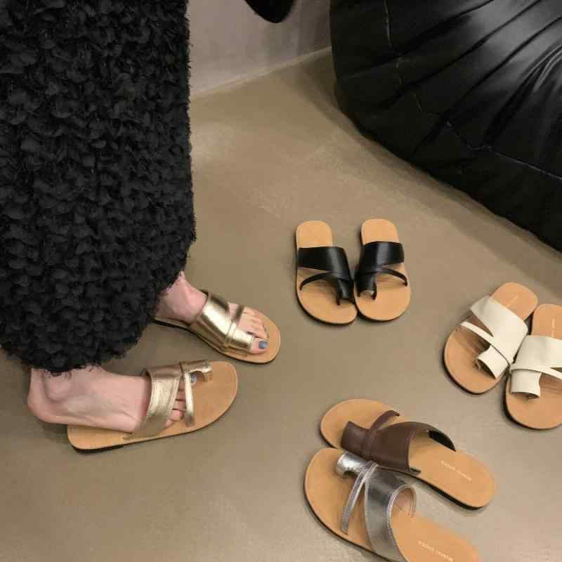 Women'S Shoes - 女性 夏季 ビーチサンダル セットトゥ フラットシューズ ソフトソール 外履き 日常使い 超繊維 素材 ゴムソール ピュアカラー シルバー 米白色 ブラウン ブラック 接触冷感 軽量 通気性 ビッグシルエット 春夏 アクティブウェア