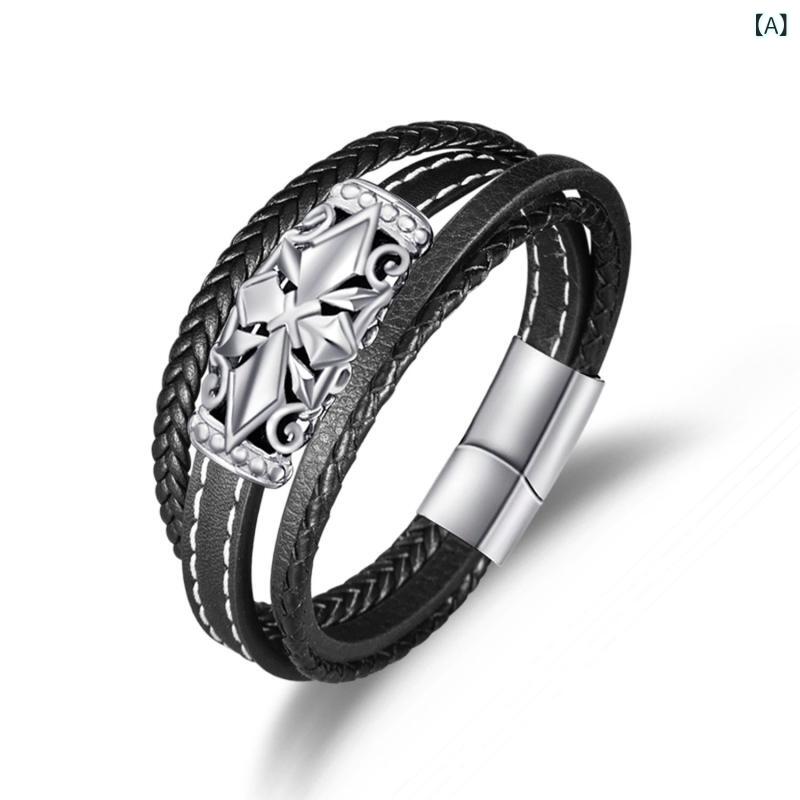 Men'S Accessories - メンズ 手首アクセサリー シンプル レイヤード ブレスレット 革 手環 幾何学 デザイン 超繊細 人工皮革 素材 磁気 バックル 留め具 黒 銀 色 アクセント 秋冬 ファッション ビジネス カジュアル 普段使い 通勤 スタイル 男性用 腕輪 アクセ 装