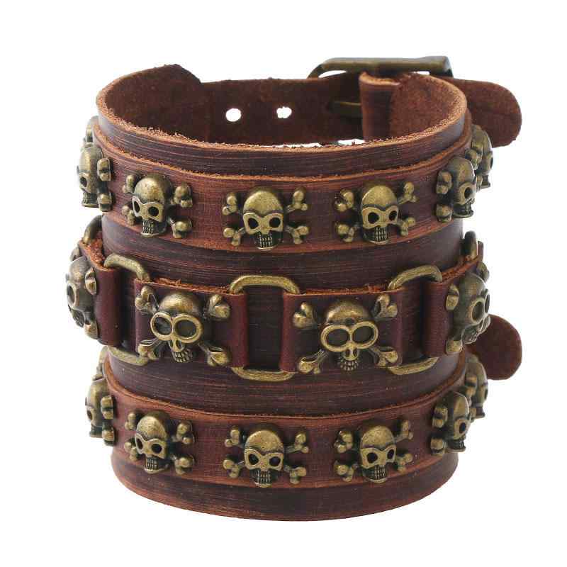 Men'S Accessories - メンズ 手袋 アクセサリー 男性用 真皮 革製 手首用 手首周り デザイン ブレスレット 革 牛革 素材 ヒッピースタイル ユニセックス 男女兼用 ジェンダーレス スタイル ジオメトリック 形状 幾何学模様 デザイン 骨 骸骨モチーフ 頭蓋骨 モチーフ