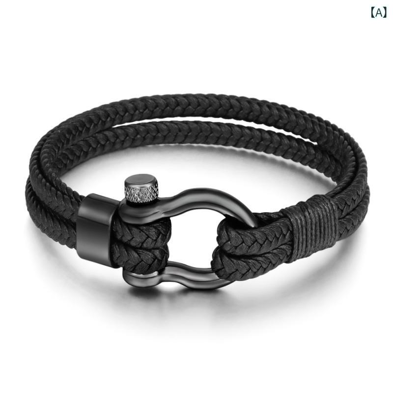 メンズ 手首アクセサリー 革 編み込み 馬蹄型バックル ステンレススチール 手錠 ブレスレット 復古 デザイン 幾何形状 ブラック 夏 通勤 普段使い 軽量 耐久性 ビジネス ギフト 男性用 腕輪 アクセ ジュエリー