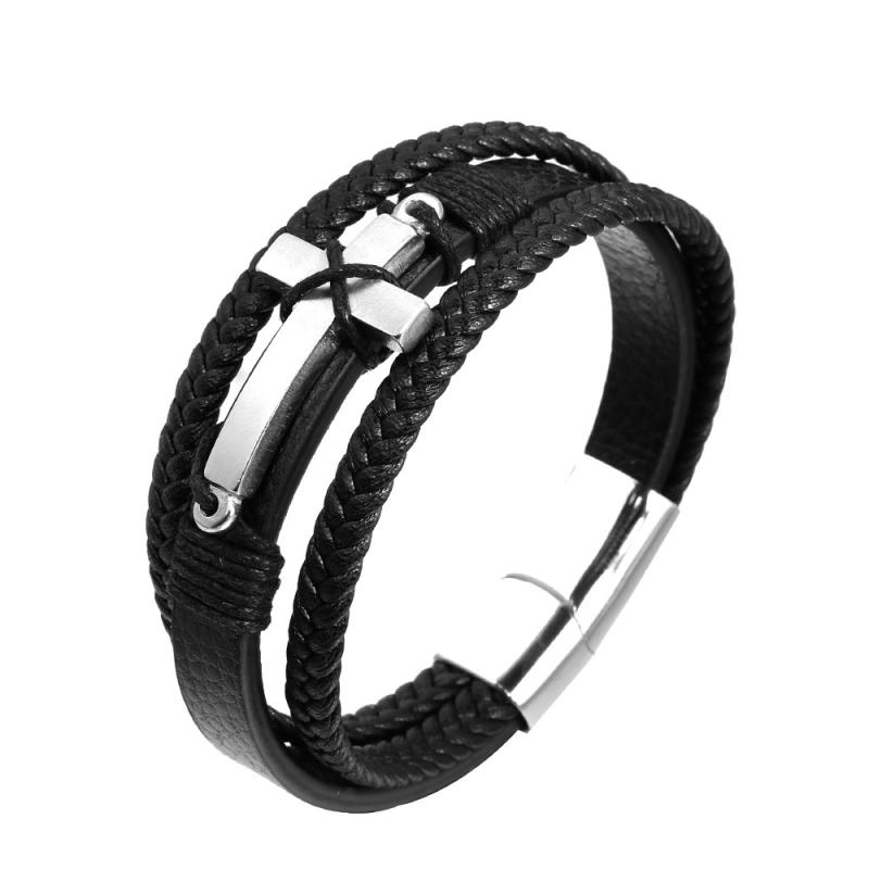 メンズ 手首アクセサリー クロス ブレスレット 編み込み レザー ストラップ ステンレス 磁気バックル ユニセックス ハンドメイド 個性派 インスピレーション スタイル 日常使い ギフト向け 21cm 長さ 男女共有