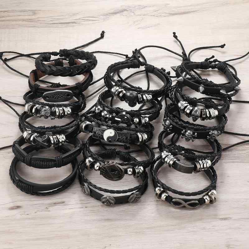 ハンドメイド 男女兼用 革製 ブレスレット セット 黒 16点 装い 骷髅 太極 モチーフ 自由組み合わせ ユニセックス ファッション アクセサリー 手首飾り 手芸 クラフト アイテム 普段使い 軽量 耐久性 通勤 旅行 記念 ギフト かわいい デザイン