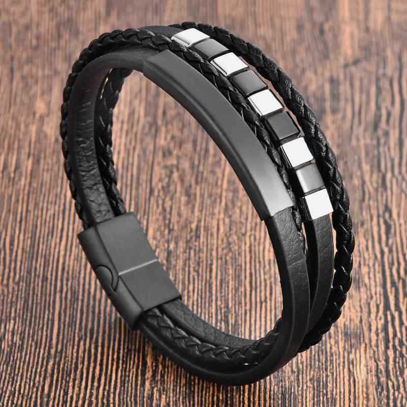 Men'S Accessories - メンズ 手首アクセサリー ブラック 真皮 編み込み ブレスレット 牛革 ダブルレイヤー 不锈钢 幾何学デザイン 春夏 ファッション 通勤 普段使い 軽量 手作り 多層 ラウンド ユニセックス メンズ向け シンプル スタイリッシュ