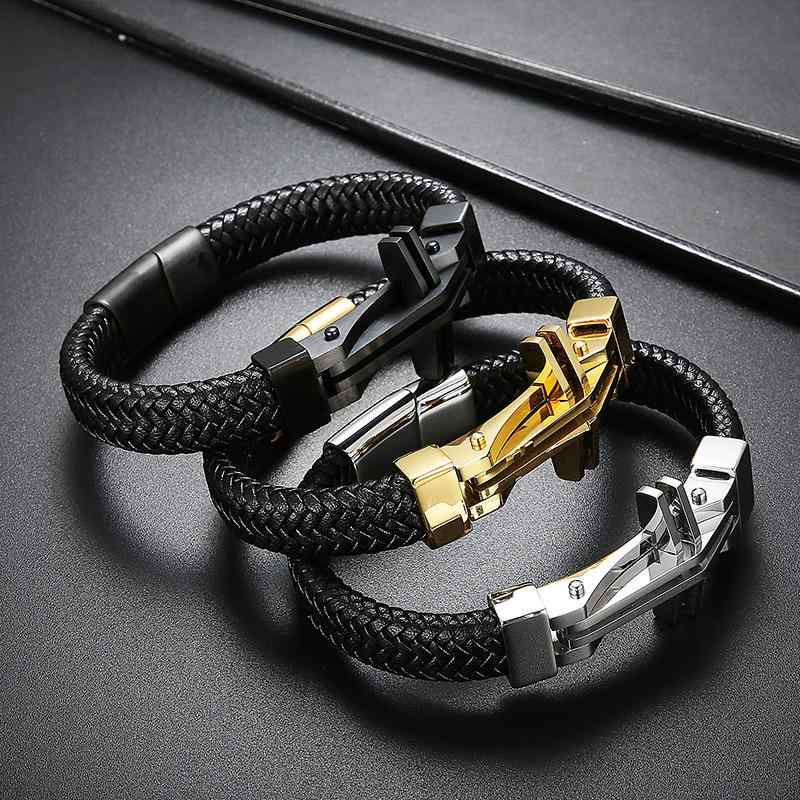 メンズ 手首アクセサリー 十字架 デザイン 革編み 手編み ブレスレット ステンレス チタンスチール 電気メッキ加工 幾何学形状 民族風 復古スタイル ブラック ゴールド シルバー 夏 通勤 普段使い アウトドア 軽量 耐久性
