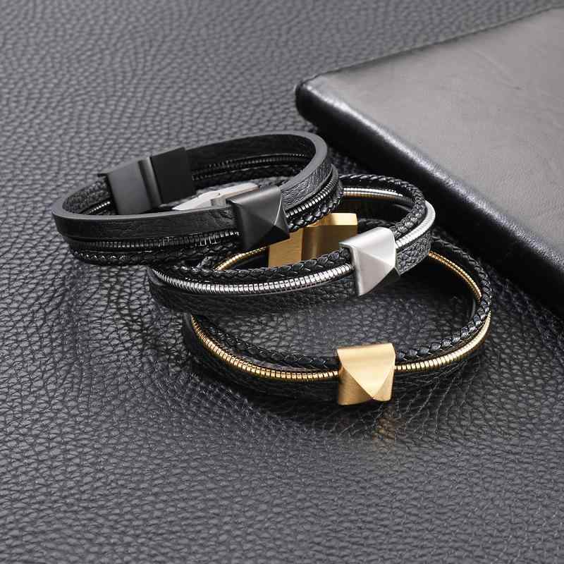 メンズ 手首アクセサリー 編み込み 牛革 ブレスレット 蛇骨チェーン レイヤード ステンレス チタン ステンレス 電気メッキ加工 ジオメトリック デザイン ゴールド シルバー ブラック 軽量 通勤 普段使い 旅行 記念 ギフト 夏 2021