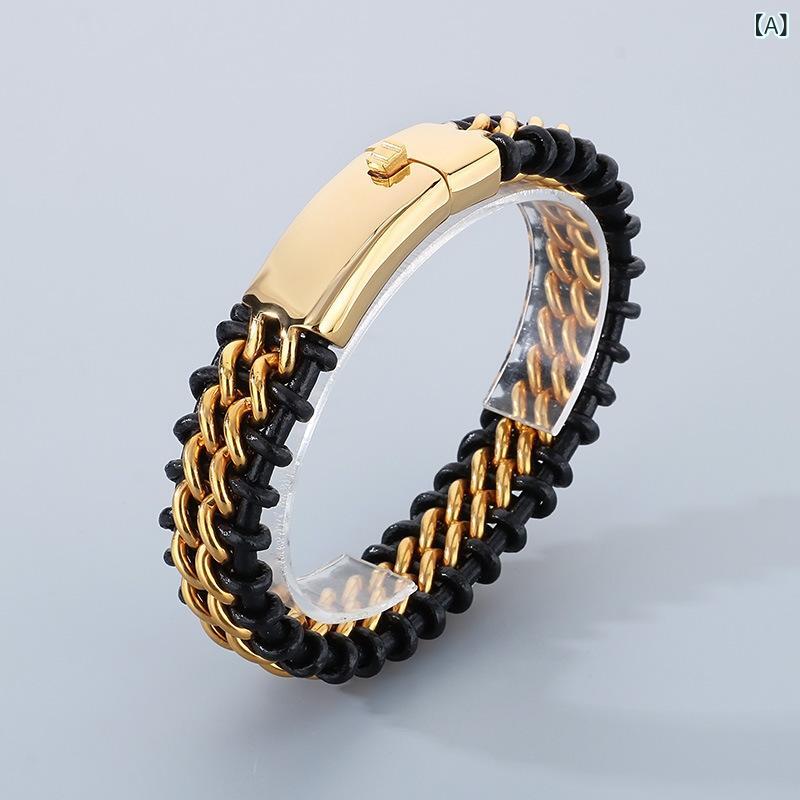 Men'S Accessories - メンズ 手首アクセサリー 手環 ブレスレット 皮革 編み込み 幾何学 デザイン 光沢 チタン 鋼 チェーン ストリップ ゴールド シルバー カラーバリエーション 夏 シーズン ペンク スタイル 個性 ファッション 普段使い ギフト 向け 軽量 耐久性 ス