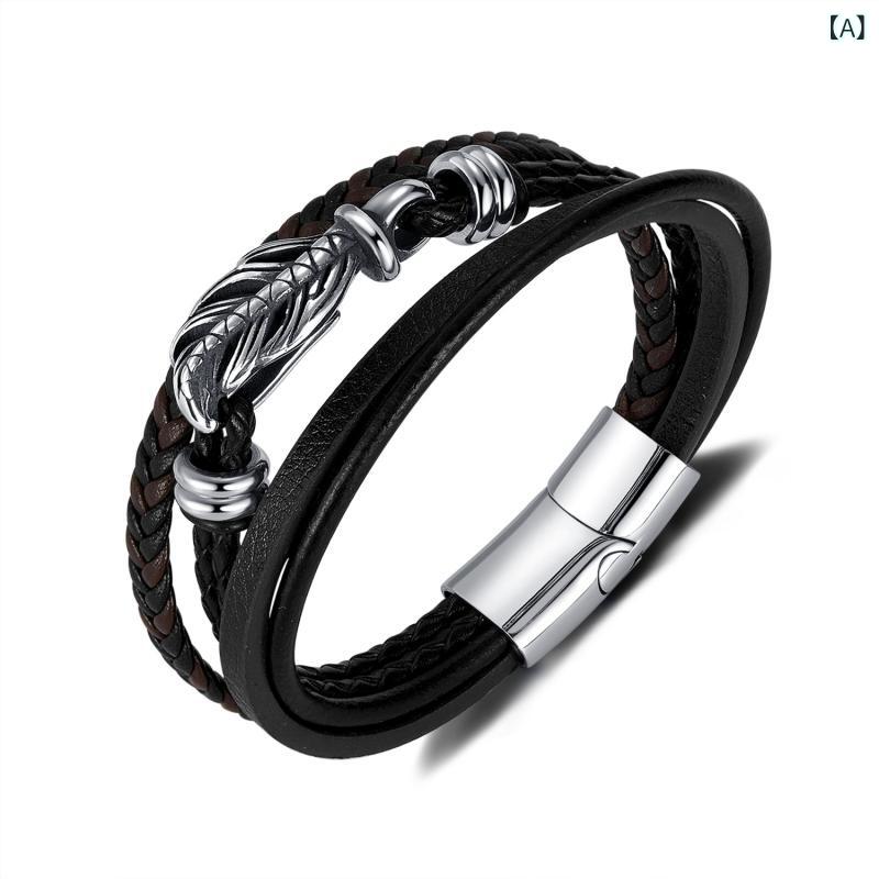 Other , Materials - メンズ ハンドメイド レザー ブレスレット ファッション 手環 ステンレス 加工 電気メッキ 幾何学 デザイン 多層 織り込み 個性派 スタイル 夏 シーズン 通勤 普段使い ビジネス ギフト 軽量 耐久性 ブラウン系 ブラウン ブラック グレー