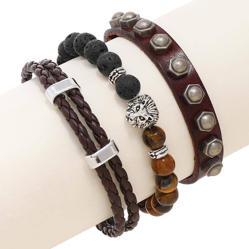 Men'S Accessories - メンズ 手首アクセサリー 革製 ブレスレット 手作り ユニセックス ジオメトリックデザイン 3点セット ストリートファッション 復古スタイル 普段使い 軽量 耐久性 通勤対応 旅行記念品 ブラック ブラウン グレー 春夏 秋冬
