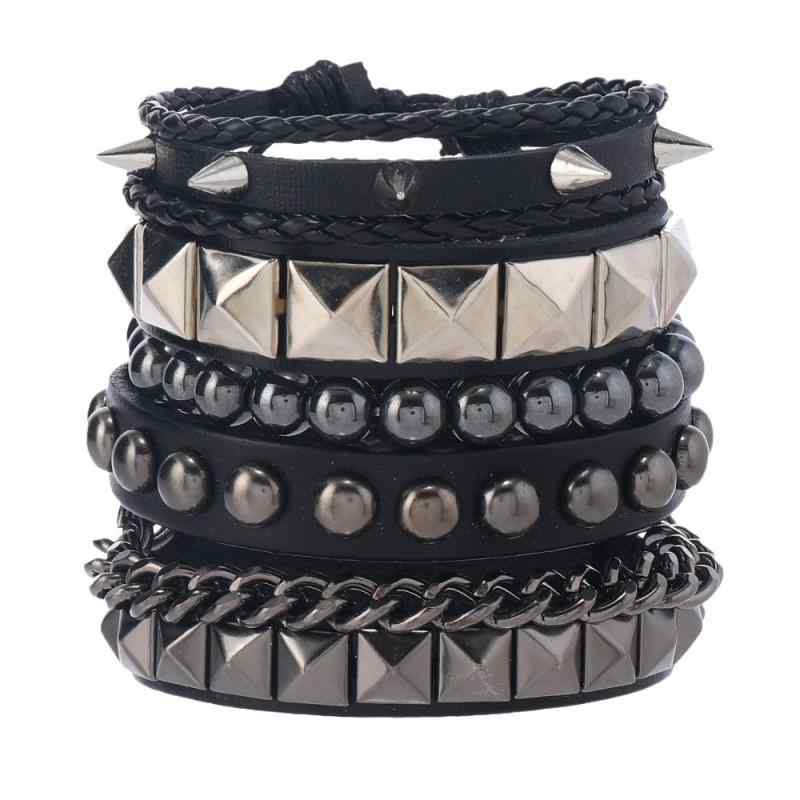 Other , Materials - メンズ 手首アクセサリー レイヤード チェーン ブレスレット 個性 ヒップホップ スタッズ 革素材 ジオメトリック デザイン 男性用 普段使い スタイリッシュ 装飾品 多層 ラップ スタイル 通年