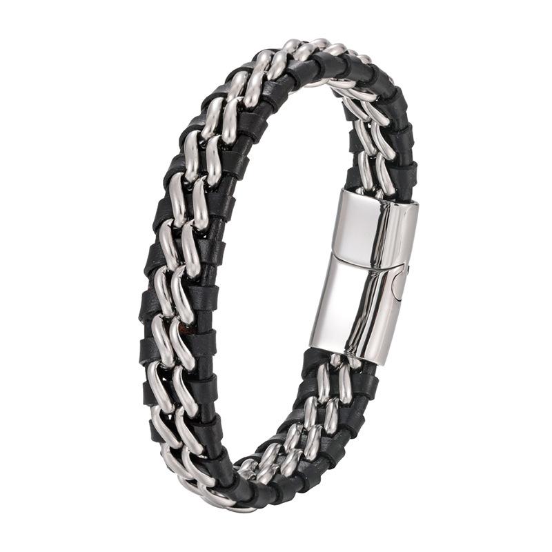 Other , Materials - メンズ 手首アクセサリー 簡約風 チタン ステンレスチェーン 真皮 編み込み レザーブレスレット 復古 パンク スタイル 幾何学 ライン ブラック ゴールド ステンレス 男女兼用 個性派 夏 軽量 45g 通勤 普段使い カジュアル アクセサリー