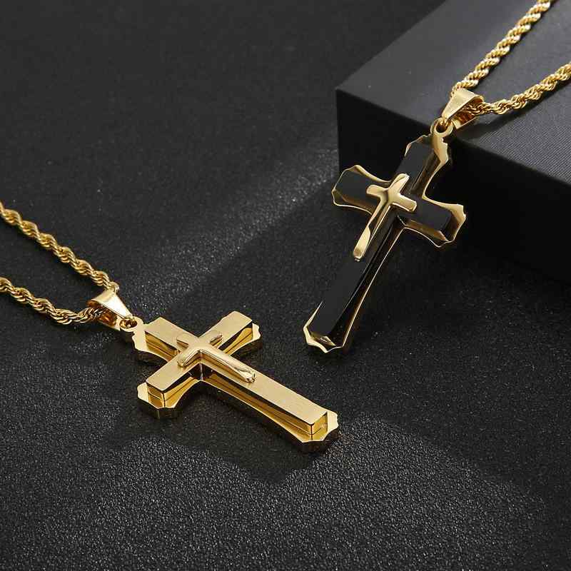 ・素材: チタンスチール・形状: 十字架・加工: メッキ・カラー展開: 金色、鋼色、黒色・デザイン: 金色吊坠、鋼色吊坠、黒色吊坠、金色含鏈、鋼色含鏈、黒色含鏈