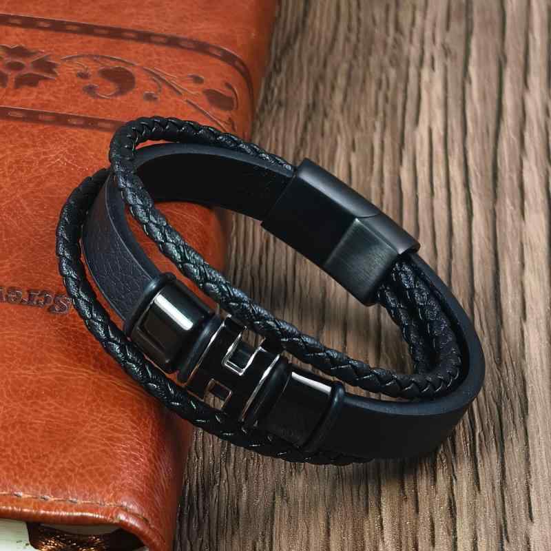 Men'S Accessories - メンズ 手首アクセサリー マルチレイヤー 革ロープ ブレスレット ステンレス 磁気バックル シンプル 手首チェーン ブラック ブラウン グリーン ホワイト グレー 丸型 幾何学 個性派 コールドスタイル 冬用 通年 軽量 耐久性 普段使い 調整可能