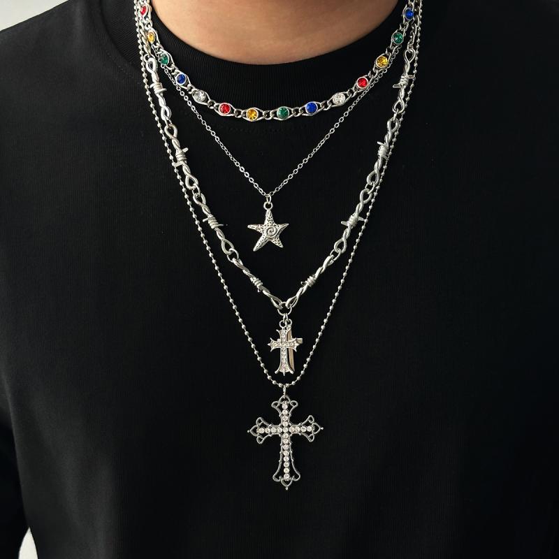 其它 - メンズ ネックレス 十字架 ペンダント ヒップホップ ファッション アクセサリー 合金製 幾何学デザイン ロックボーン チェーン レイヤード スタイル 星型 吊り下げ 秋冬 通勤 普段使い 軽量 スタイリッシュ