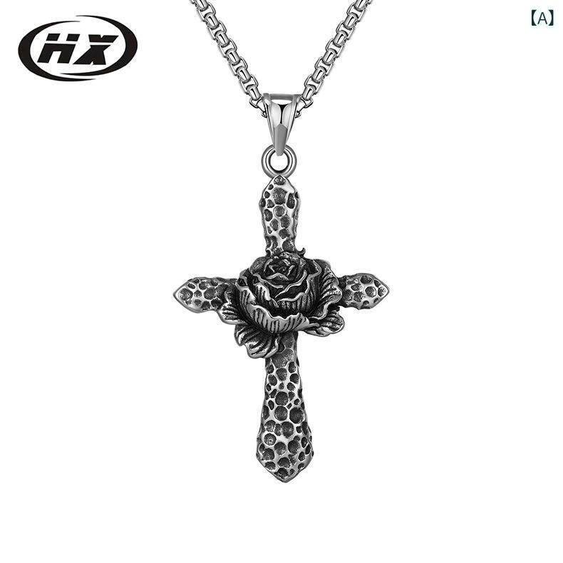 Necklaces, Pendants - ネックレス メンズ レディース 十字架 ペンダント 棘 薔薇 デザイン ヒップホップ スタイル 復古 個性 アクセサリー ユニセックス ステンレス チェーン 60cm 夏 コーディネート アイテム