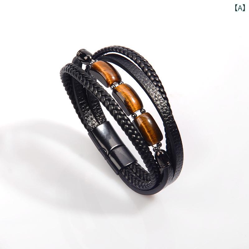 メンズ 革製 手編み 多層 ブレスレット ハンドメイド 虎目石 革紐 チェーン ステンレス バックル リング デザイン 復古 スタイル 欧米風 アクセサリー ジュエリー 手首 装飾 幾何学 モチーフ リング 形状 人気 デザイン 春夏 対応 通勤 普段使