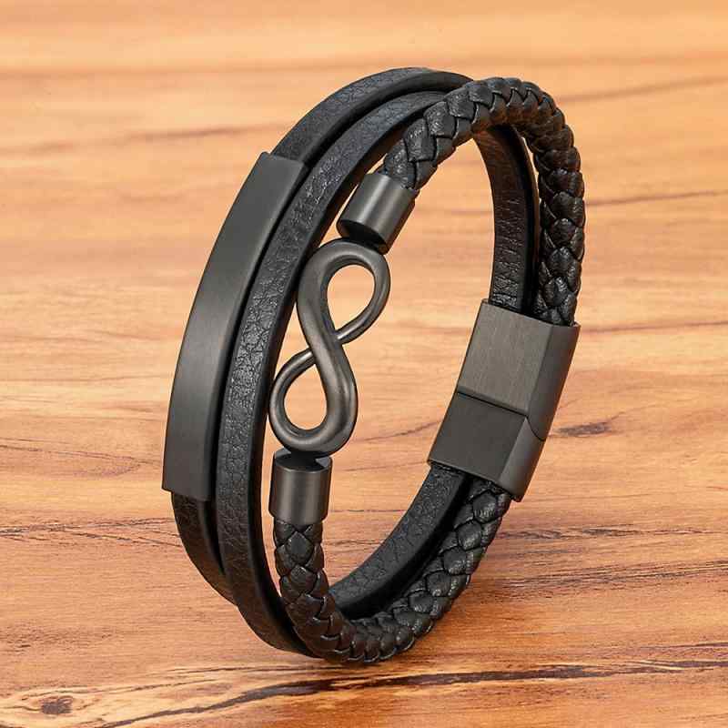Other , Materials - メンズ 手链 皮革 編み込み 無限 8字 デザイン 多層 ステンレス 電気メッキ加工 金色 ブラック スチールカラー 19cm 21cm 23cm 春季 ファッション 通勤用 軽量 スタイリッシュ アクセサリー 普段使い レイヤード 個性派 トレンド モ