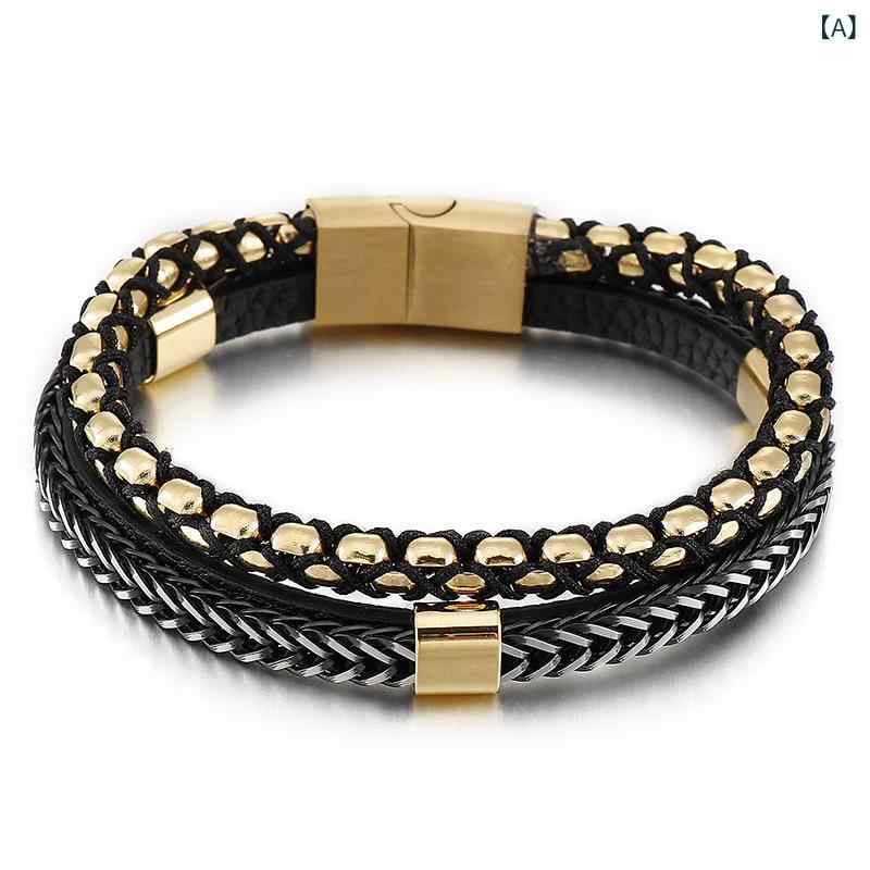 メンズ 手首アクセサリー 革 ロープ 編み込み 多層 ステンレス ブレスレット クロス チェーン 磁気 クラスプ 牛革 バンド 幾何学 デザイン 金色 鋼色 黒 個性 スタイル 通年 普段使い 軽量 耐久性 ギフト 旅行 記念 ライン モチーフ