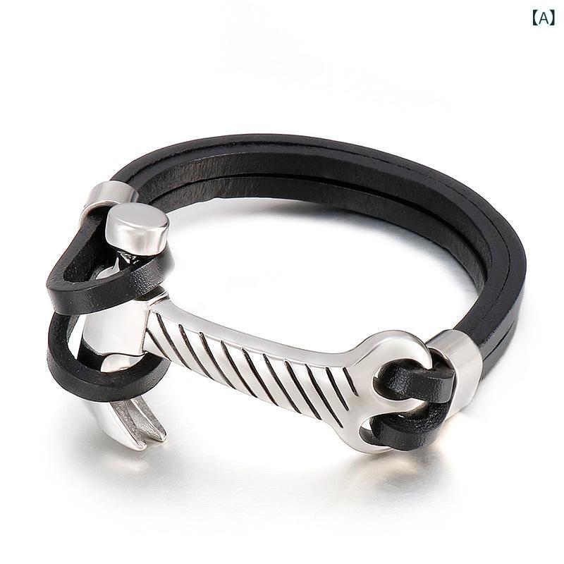 メンズ 手链 アクセサリー ブラック タイタン ステンレス ジオメトリック デザイン レイヤード スタイル 革 編み込み 多層 チェーン 普段使い 旅行 記念 ギフト シンプル モダン ファッション アイテム 軽量 耐久性 黒色 茶色 カラーバリエーショ