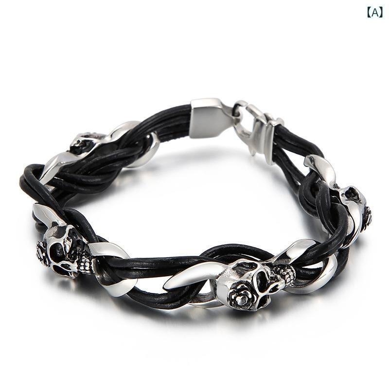 Bracelets - メンズ 手首アクセサリー チタンスチール 骷髅頭 デザイン 不锈钢 編み込み 革紐 ブレスレット 幾何学 形状 復古 スタイル 旅行記念 ギフト ラフ ファッション アクセント アイテム 耐久性 素材 長さ調整可能 20cm 22cm