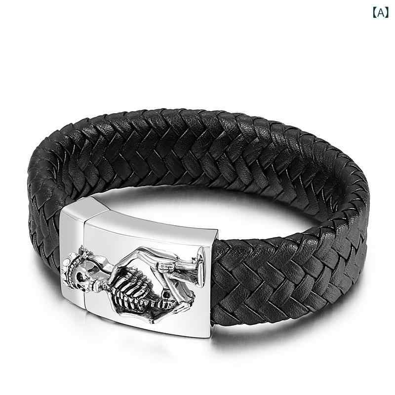 Bracelets - メンズ 手链 男士用 チタンスチール 牛革 編み込み スケルトンヘッド デザイン 幾何学型 ファッション 通勤スタイル 欧米風 軽量 耐久性 ブラック 夏 アクセサリー ラフスタイル 旅行記念 ギフト対応 調整可能 19cm 20cm 21cm 22cm
