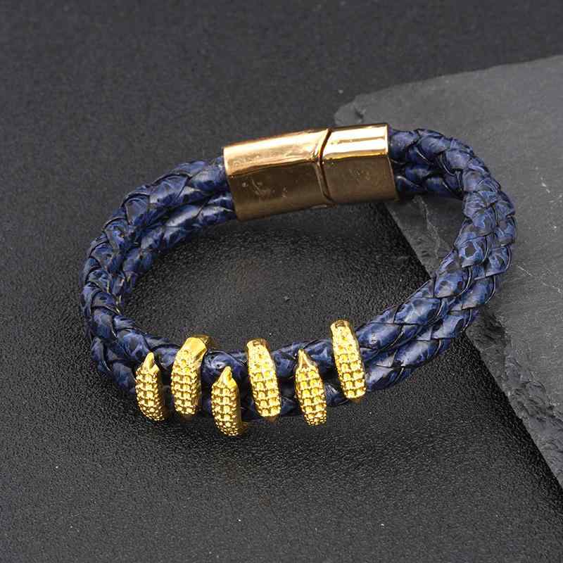 メンズ 手首アクセサリー ブレスレット 合金製 電気メッキ加工 爪子磁石留め具 レザー素材 幾何学デザイン 復古スタイル ユニセックス ユニバーサル 春夏 コーディネート 普段使い 旅行記念 ラッキーアイテム ブラウン系 ブラック系 ブルー系 ゴールドカ