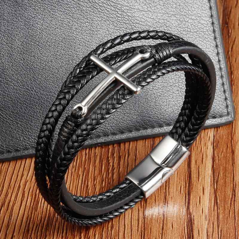 Other , Materials - メンズ 手首アクセサリー 十字架 デザイン 真皮 編み込み 手錠 スタイル ブラック 牛革 多層 レザー ブレスレット 幾何学 形状 ユニセックス ファッション 通勤 普段使い 軽量 耐久性 2025 春季 コーディネート アイテム