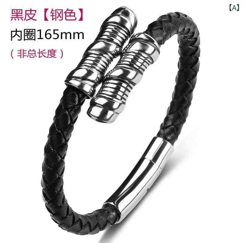 メンズ アクセサリー 真皮 編み込み 手首ブレスレット ステンレス 手環 ウ字型 デザイン ブラック ブラウン 赤 カラーバリエーション 朋克スタイル 個性派 トーテム柄 手工芸品 調整可能 サイズ 旅行記念 ギフト向き 通年使用