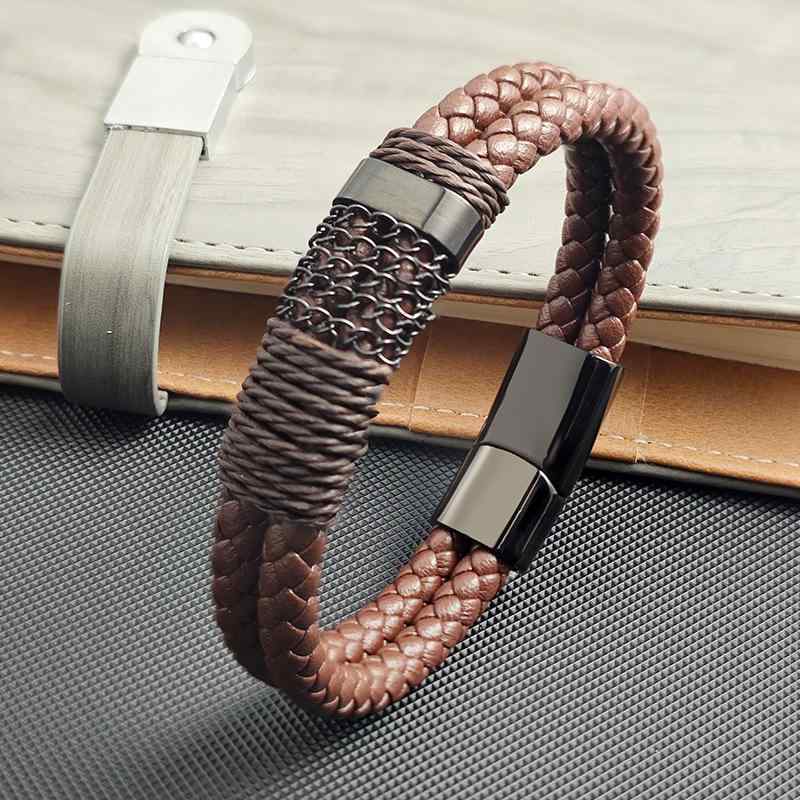 ハンドメイド 手環 メンズ レディース ユニセックス 手首アクセサリー 真皮 編み込み 革 ブレスレット ステンレス アクセサリー ステンレス製 電気メッキ加工 ジオメトリック デザイン 幾何学模様 丸型 個性派 シンプル 普段使い 旅行記念 ギフト ユ
