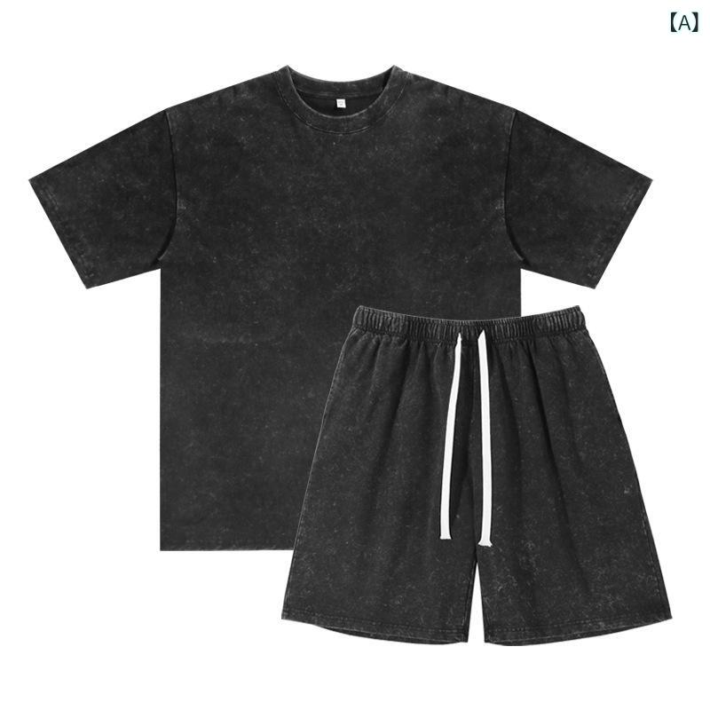 メンズ Tシャツ 短袖 トップス 綿100% ワイドシルエット 落肩袖 丸首 セットイン 夏季 春夏 ビンテージ加工 水洗 純色 ブラック グレー..