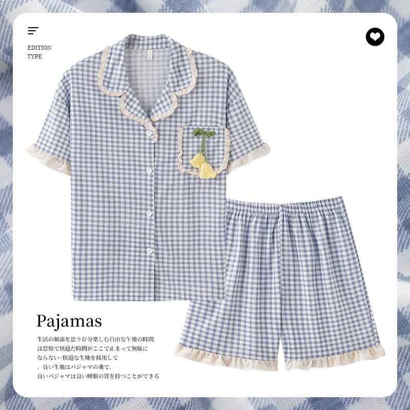 パジャマ レディース セットアップ 上下セット カーディガン 半袖 ショートパンツ チェック柄 シンプル ルームウェア 部屋着 韓国風 ゆったり 大きいサイズ かわいい オールシーズン・カテゴリ: セットアップ・素材: 綿・素材混率: 綿30%〜50%未満・厚さ: 薄手(141-160g/平米)・襟の形: 襟付き・パンツ丈: ショートパンツ・機能: カジュアル、通気性、吸汗、伸縮性、部屋着、涼感、快適、外出可能・対象: 少女・シーン: アウトドア、室内、ホテル、ウェディングフォト・カラー展開: 9101,9102,9103,9104,9105,9106,9107,9108・サイズ展開: M,L,XL,XXL,XXXL・スタイル: 文芸