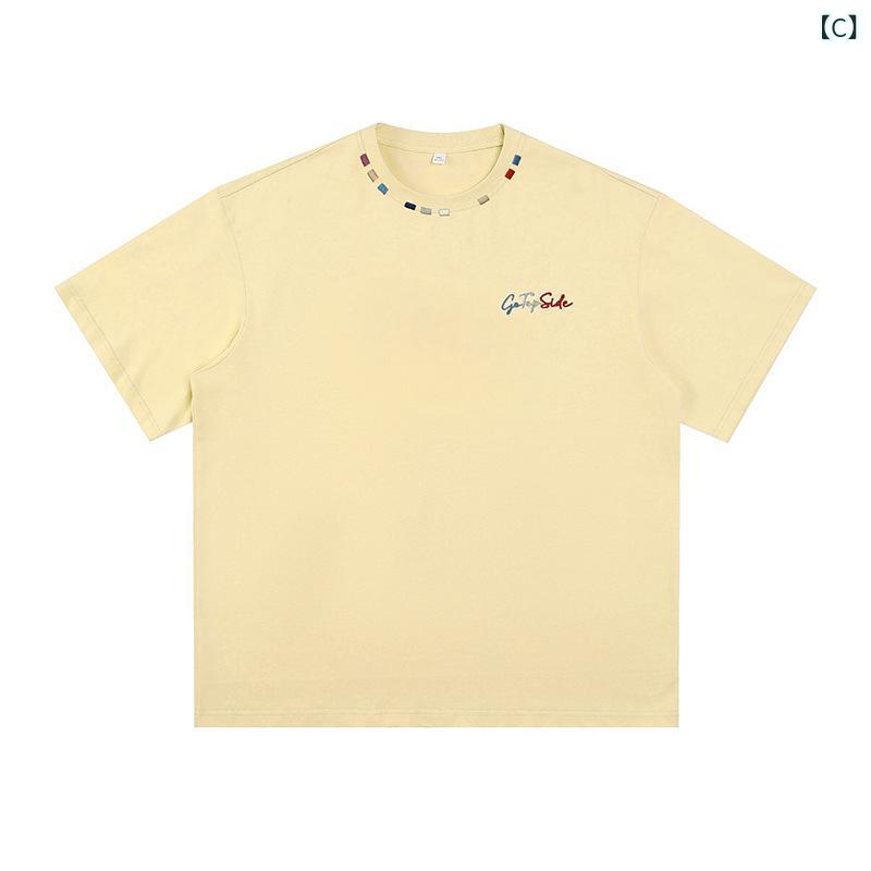 Tシャツ メンズ 短袖 夏用 綿素材 質感 ゆったりシルエット 美式カジュアル ストリートスタイル 情侣 トップス 白色 ブラック イエロー グレー系ブルー ライトグリーン ピンク系 吸湿速乾 軽量 普段使い デイリーウェア ラフ シンプル ベーシック 3