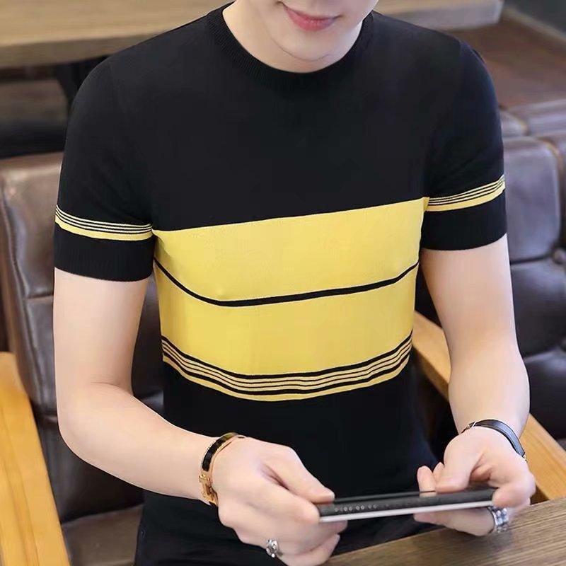 メンズ Tシャツ 短袖 ストライプ柄 修身 韓国風 薄手 接触冷感 再生繊維 日常使い カジュアル トップス 無地 ラウンドネック ビッグサ..